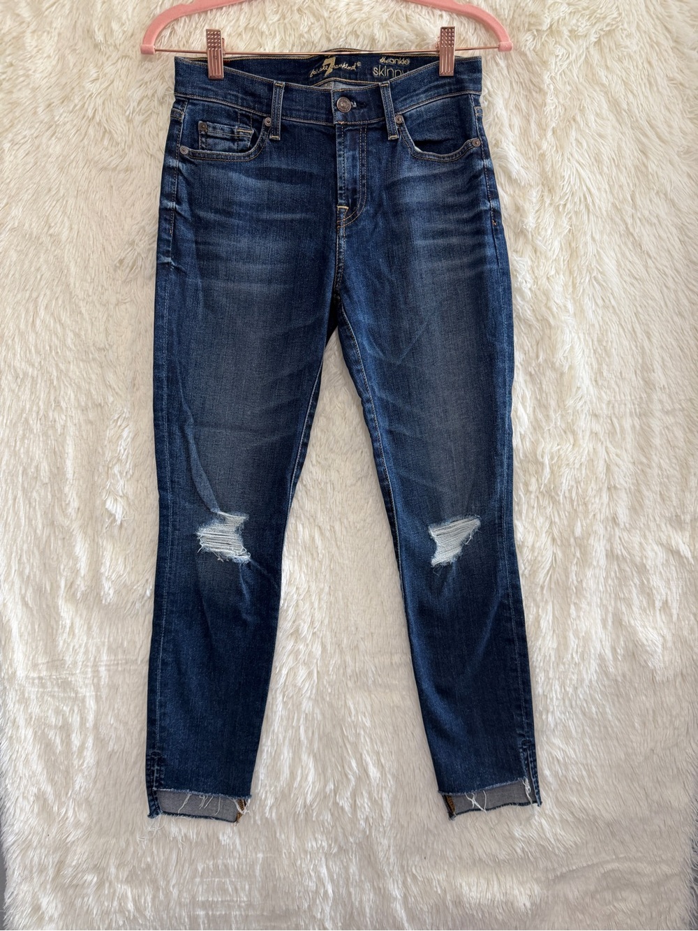 7 For All Mankind Womens Distressed The Ankle Skinny Jeans Size 25 Blue Frayed
